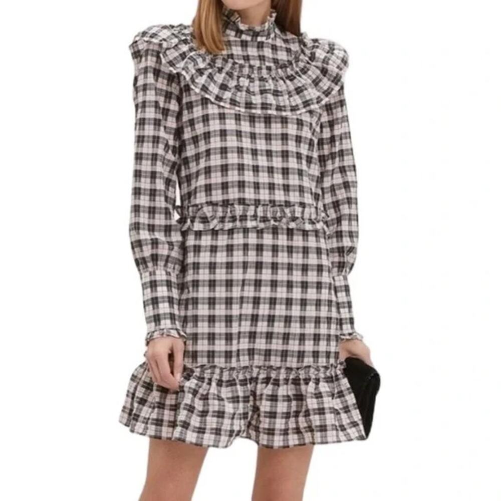 GANNI PINK BLACK PLAID CHARRON MINI DRESS